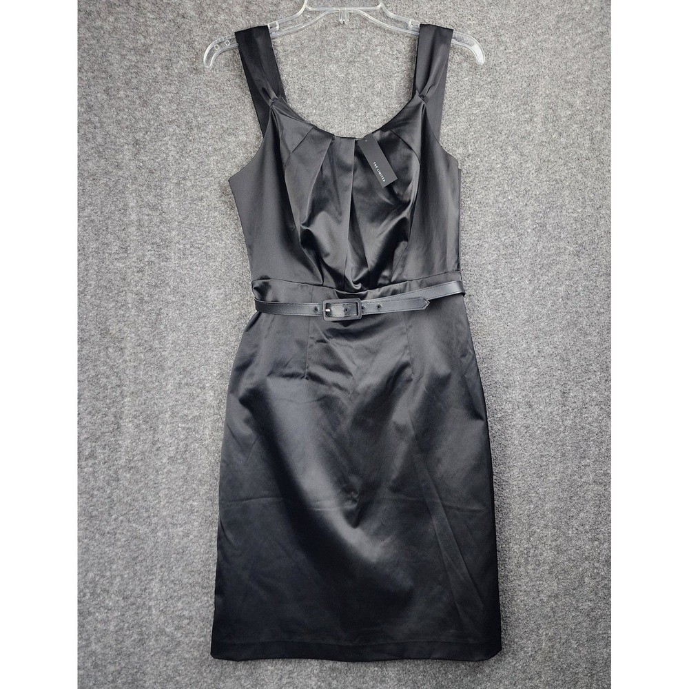 The Limited Dress Womens 6 Sheath Black Belted Pleated Neck Satin NEW